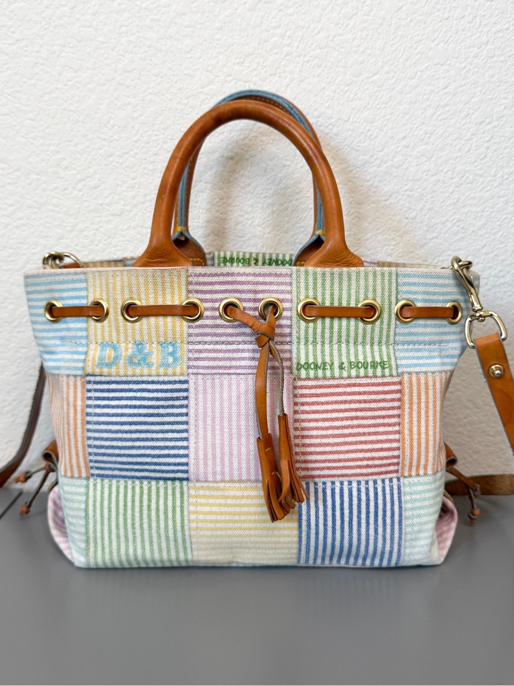 Dooney and Bourke Striped Multicolor Patchwork Canvas Tote with Tan Leather Trim